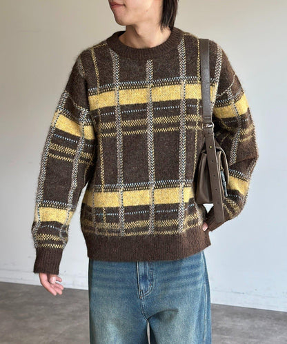 仿馬海毛格紋針織套頭衫