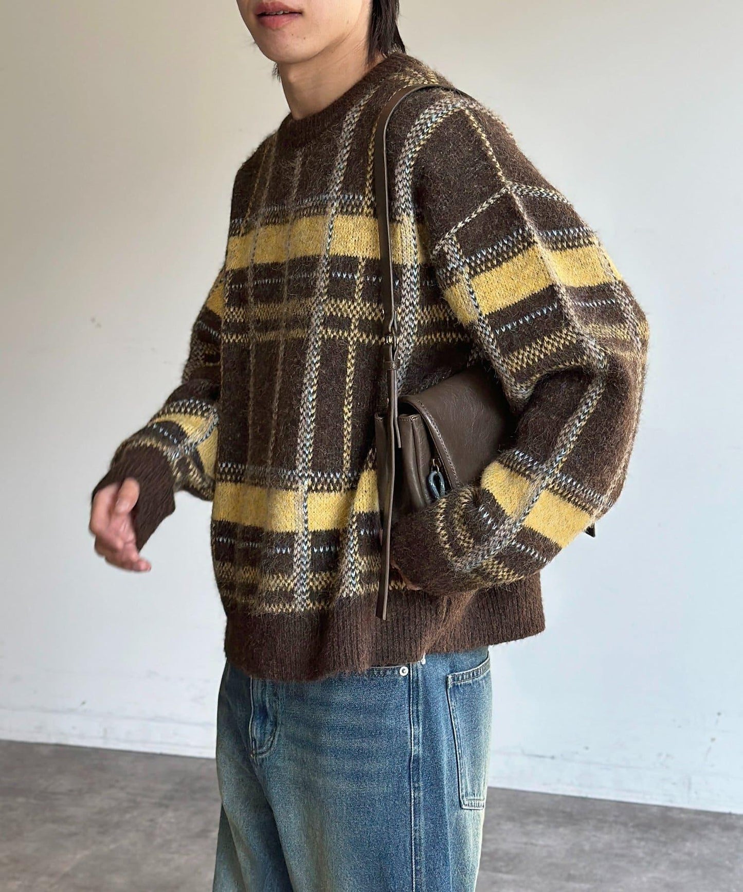 仿馬海毛格紋針織套頭衫