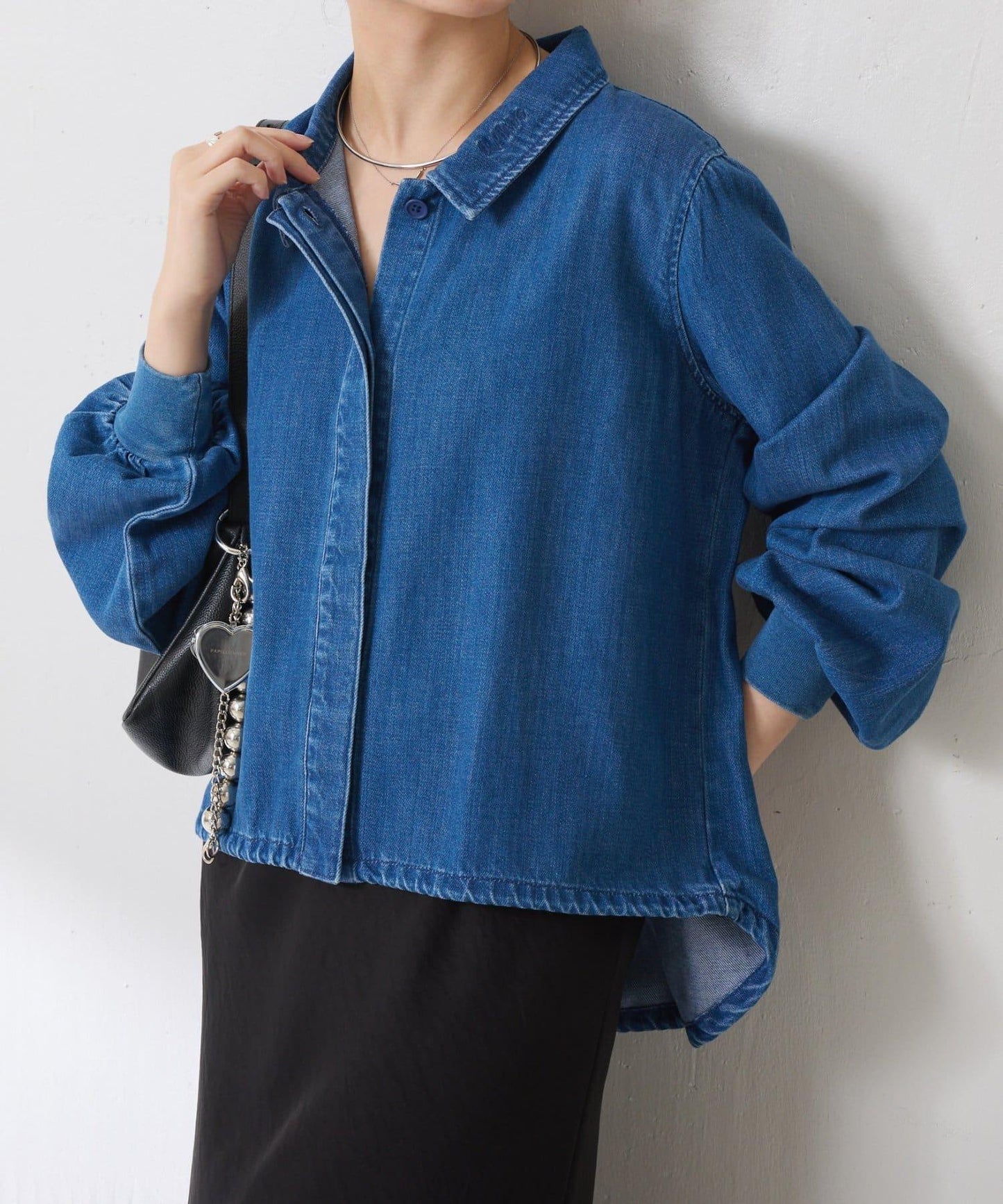 【可自由搭配】Q.anos 抽繩立領牛仔襯衫