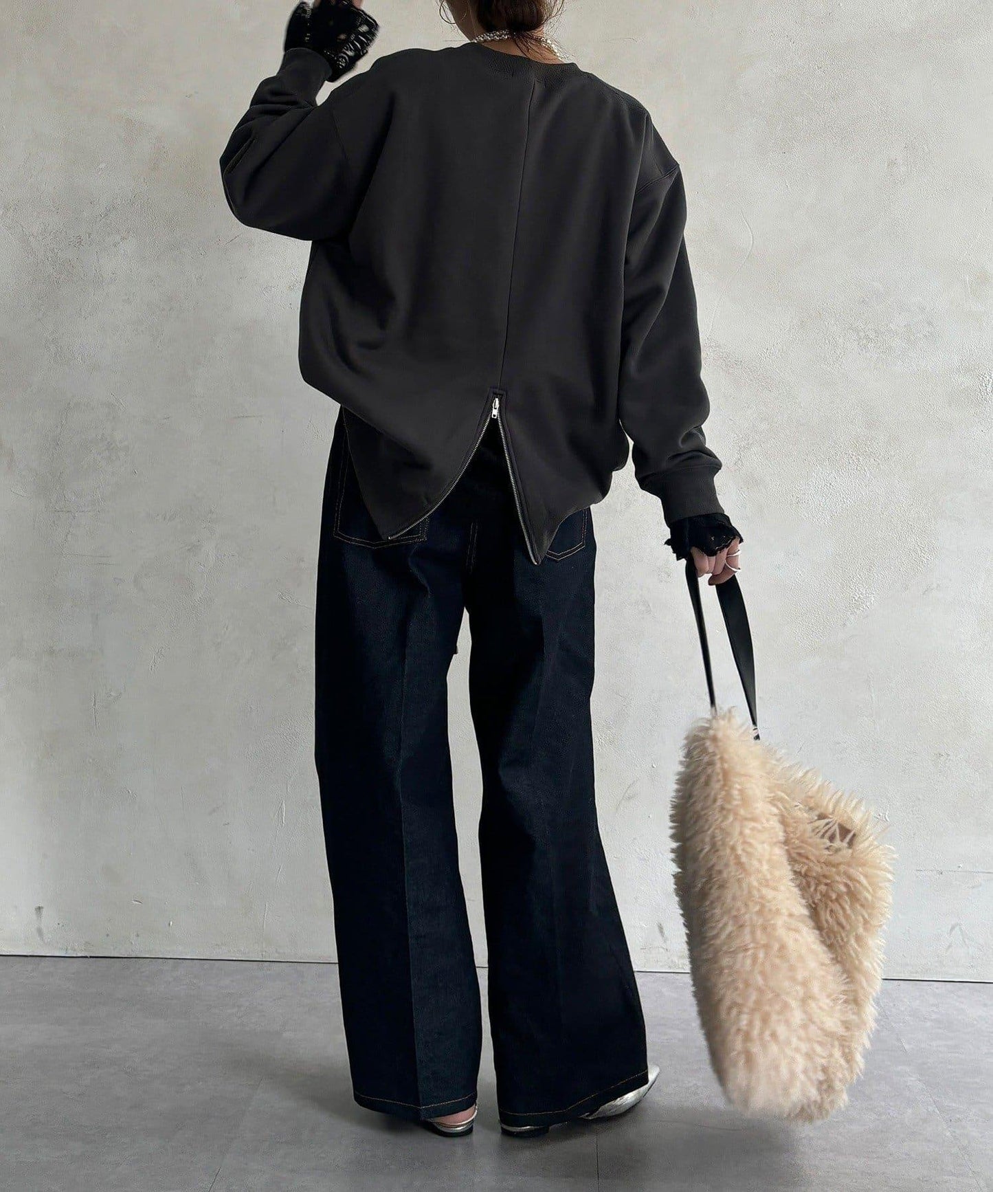 背部拉鍊照片印花加絨上衣