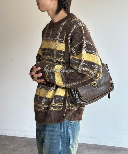 仿馬海毛格紋針織套頭衫