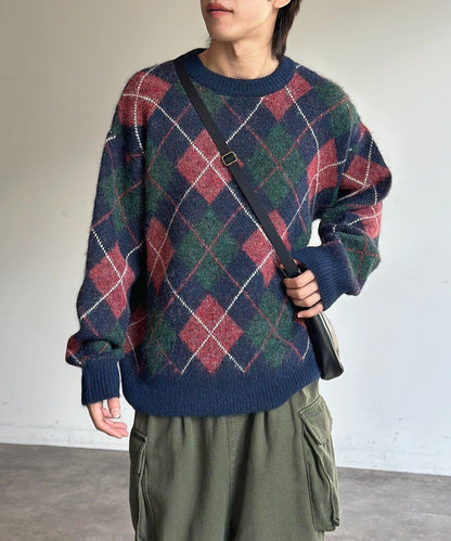 仿馬海毛格紋針織套頭衫