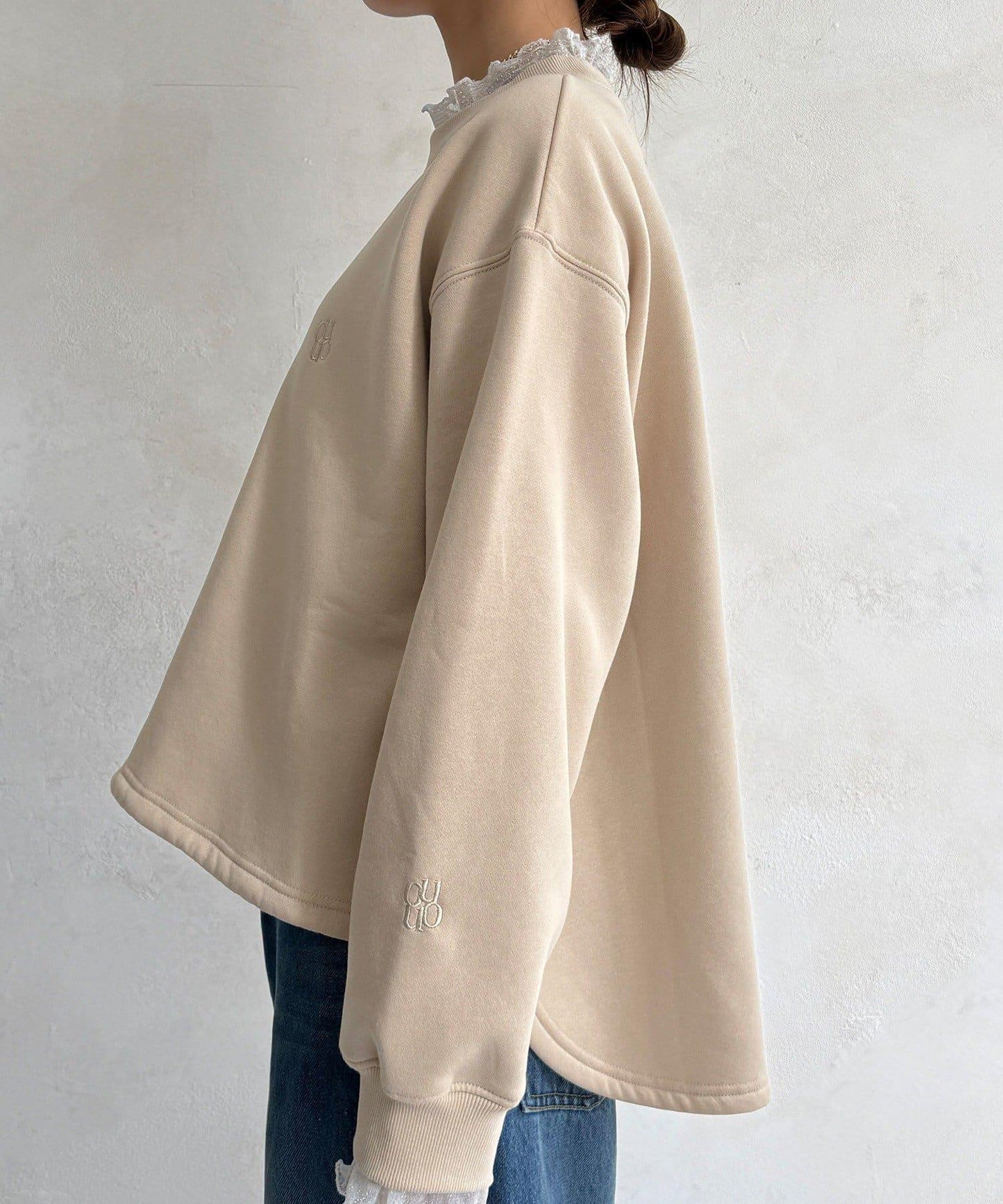 透視層疊刺繡加絨上衣