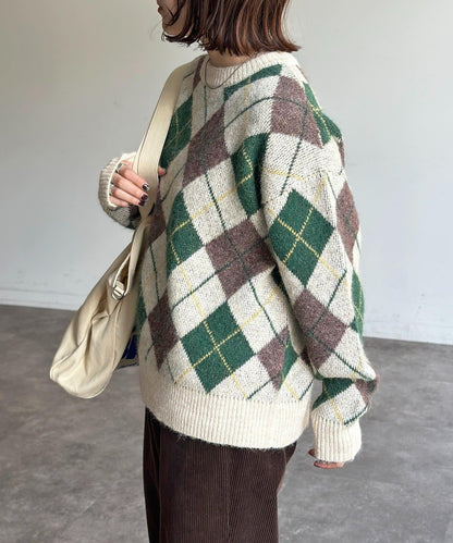 仿馬海毛格紋針織套頭衫