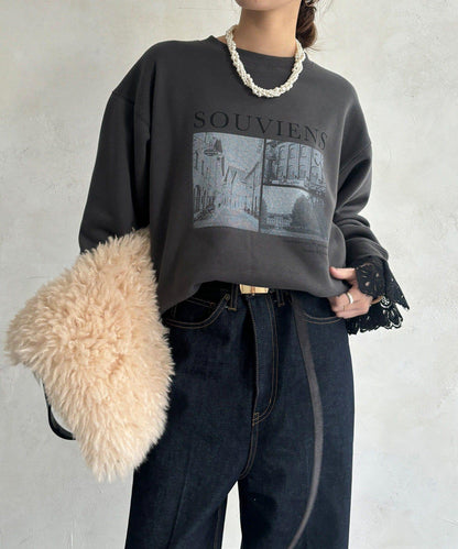 背部拉鍊照片印花加絨上衣