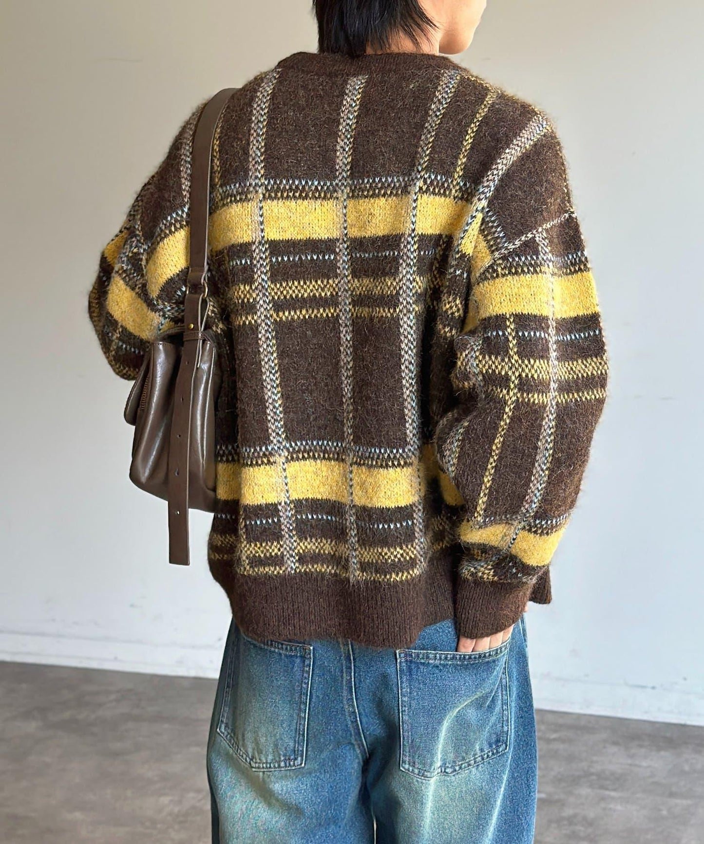 仿馬海毛格紋針織套頭衫