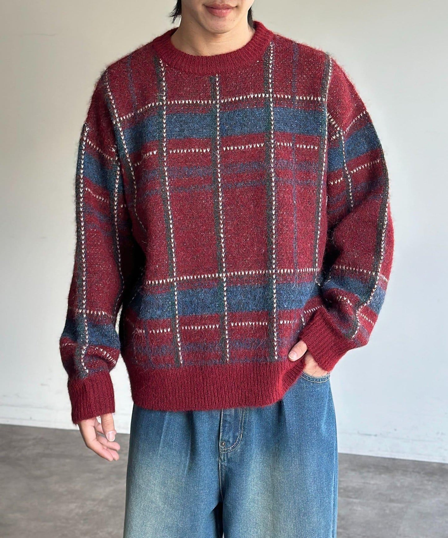 仿馬海毛格紋針織套頭衫