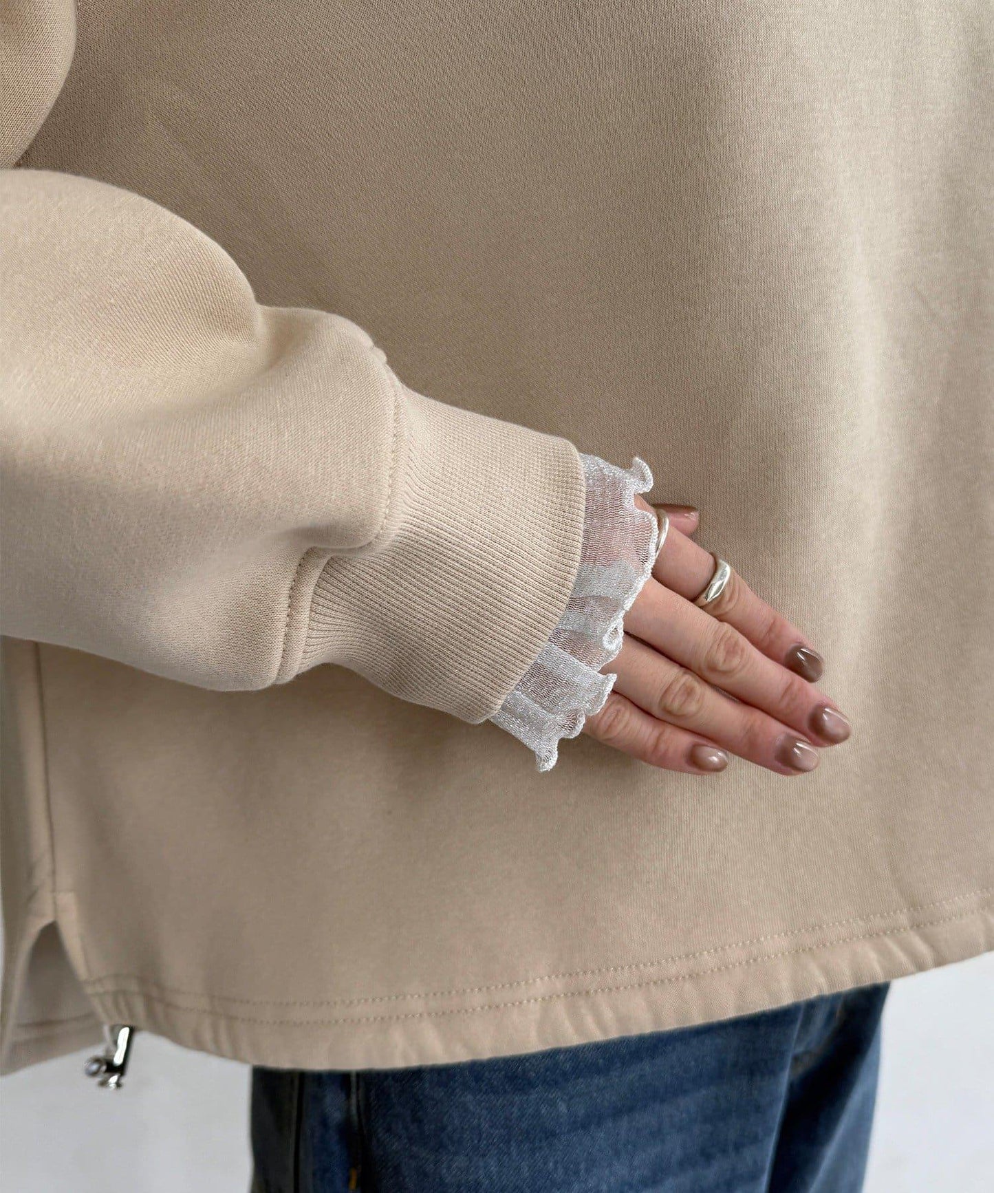 透視層疊刺繡加絨上衣