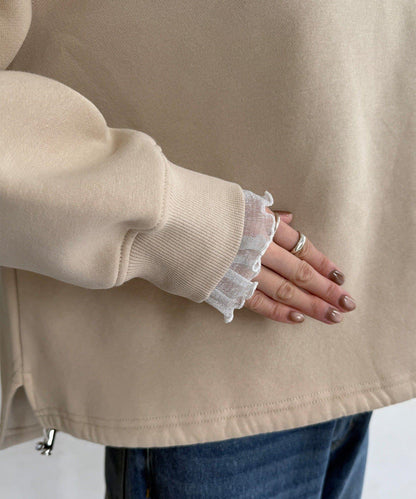 透視層疊刺繡加絨上衣