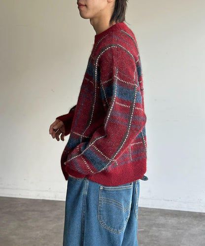 仿馬海毛格紋針織套頭衫