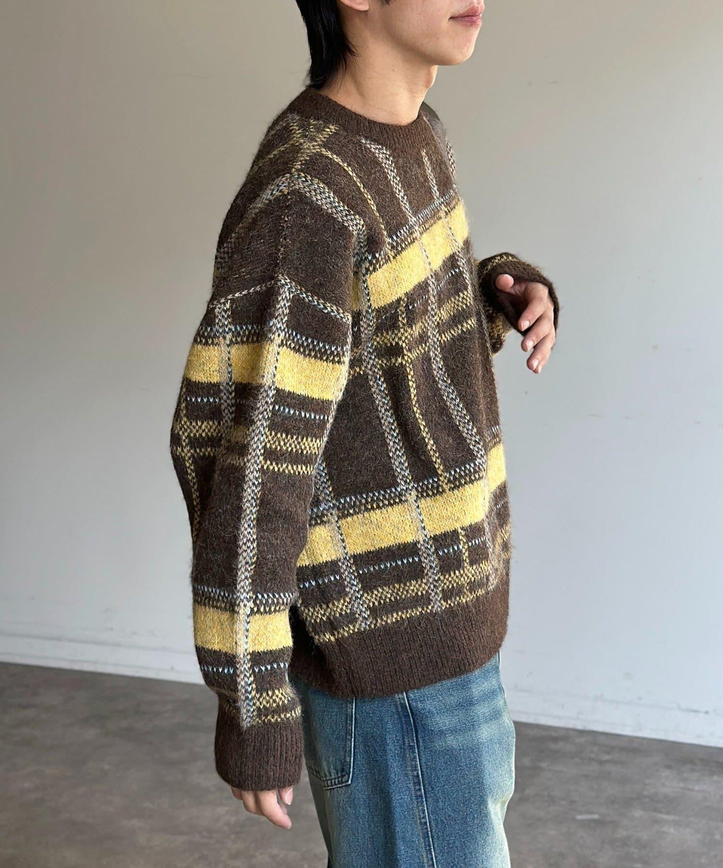 仿馬海毛格紋針織套頭衫