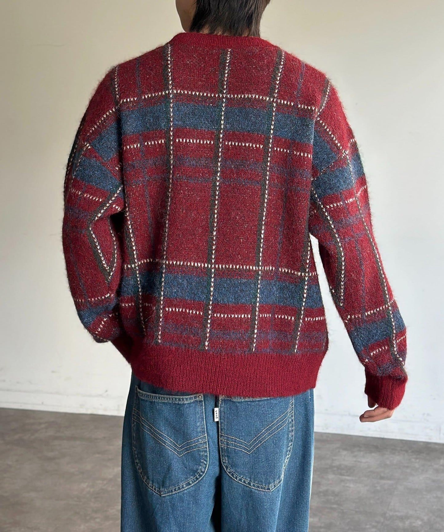 仿馬海毛格紋針織套頭衫