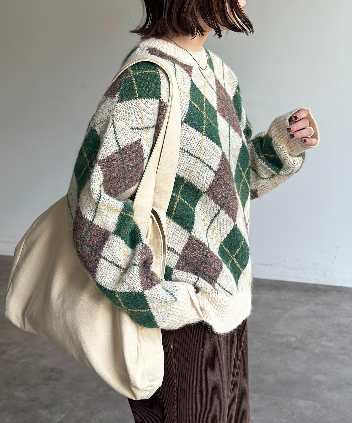 仿馬海毛格紋針織套頭衫