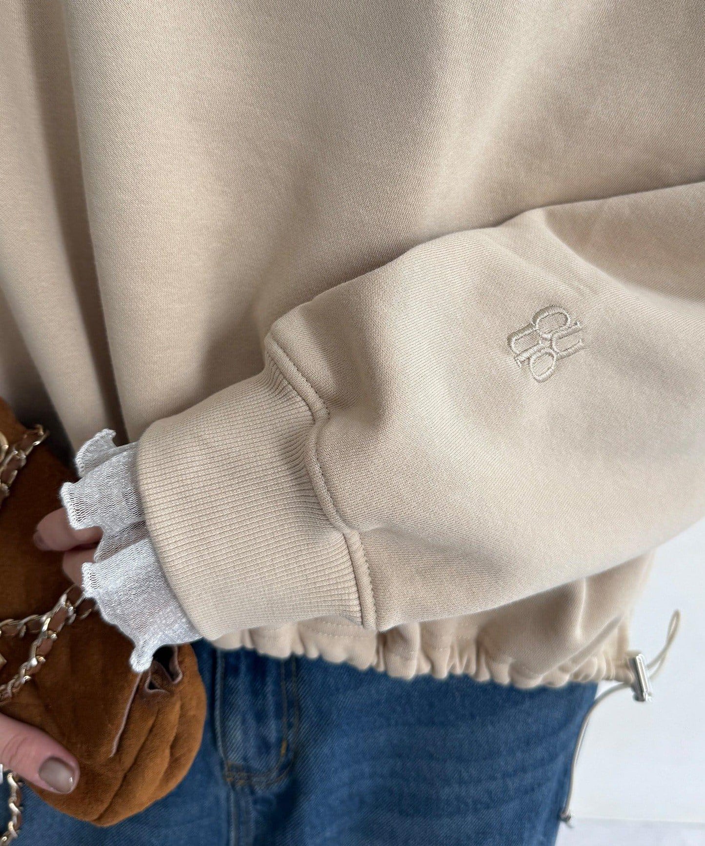 透視層疊刺繡加絨上衣