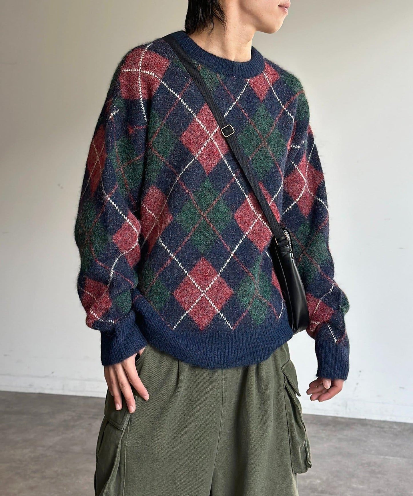 仿馬海毛格紋針織套頭衫