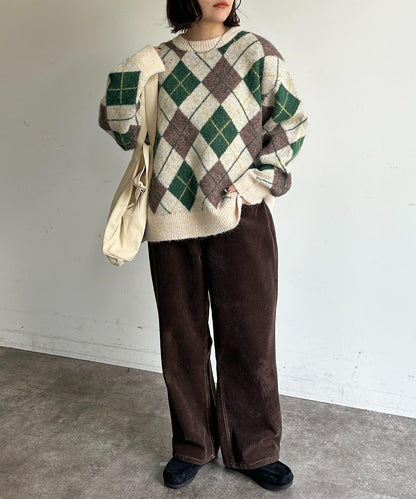 仿馬海毛格紋針織套頭衫