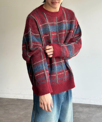 仿馬海毛格紋針織套頭衫