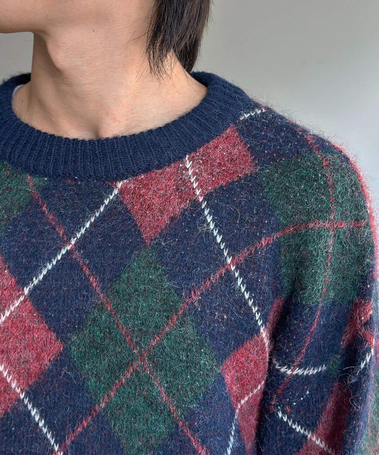 仿馬海毛格紋針織套頭衫