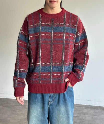 仿馬海毛格紋針織套頭衫