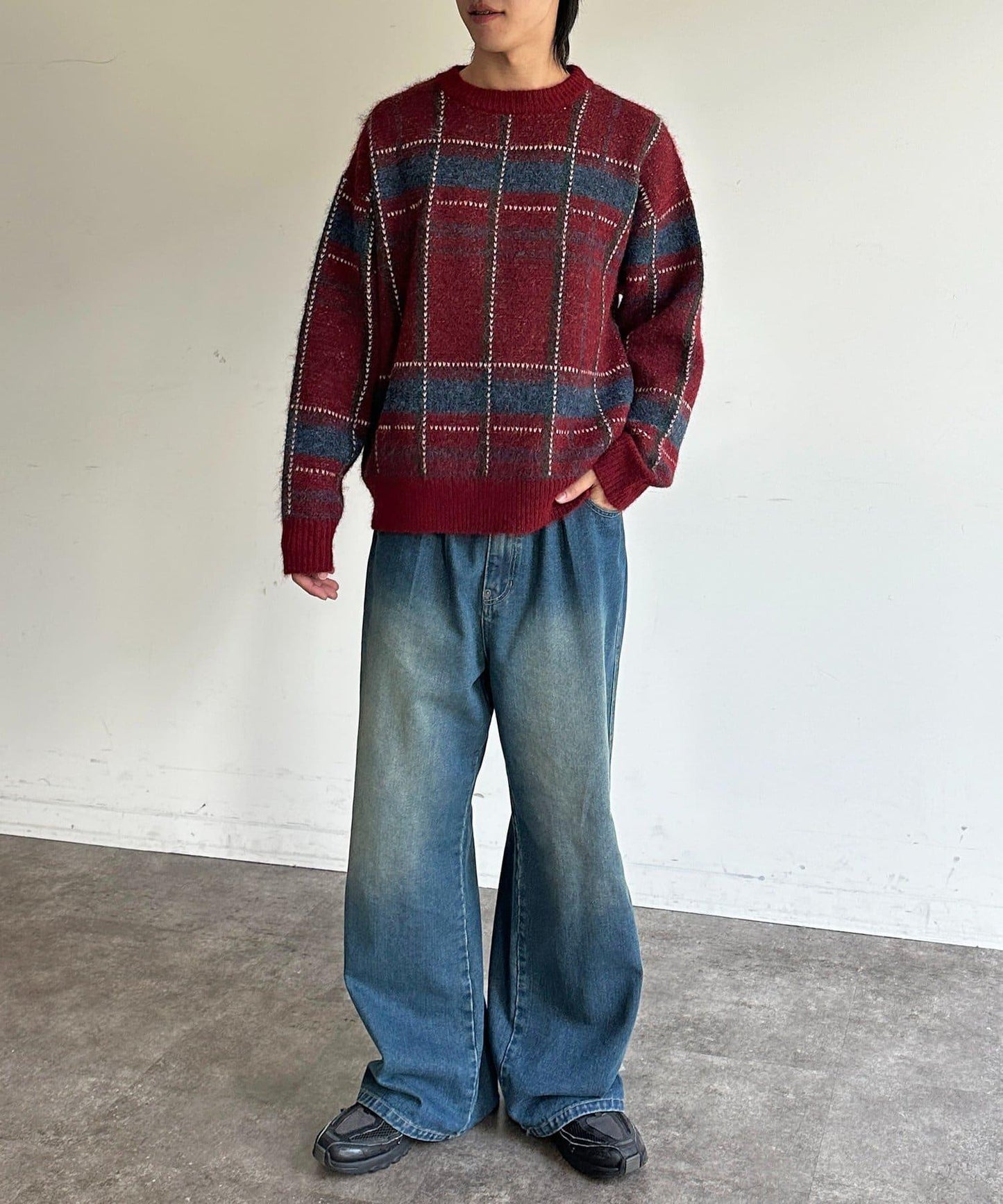 仿馬海毛格紋針織套頭衫