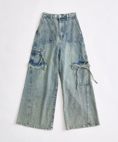 牛仔工裝寬腿褲