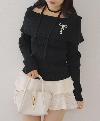 【RMAF】一字肩配胸針針織衫