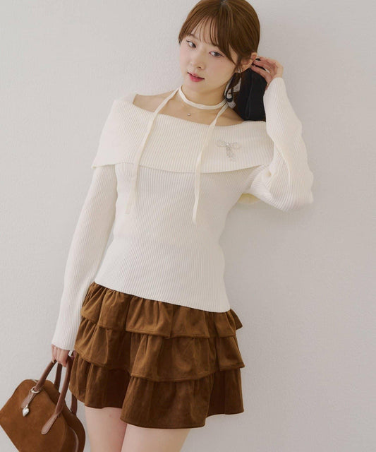 【RMAF】一字肩配胸針針織衫