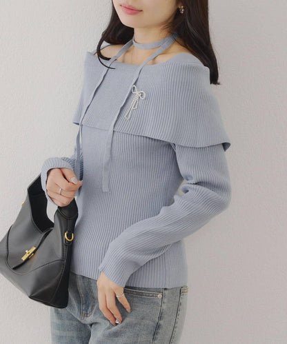 【RMAF】一字肩配胸針針織衫