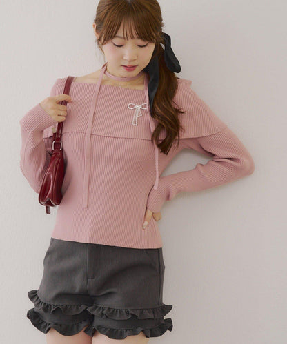 【RMAF】一字肩配胸針針織衫