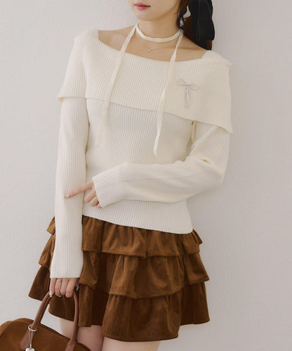 【RMAF】一字肩配胸針針織衫