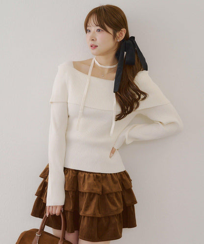 【RMAF】一字肩配胸針針織衫