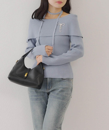 【RMAF】一字肩配胸針針織衫