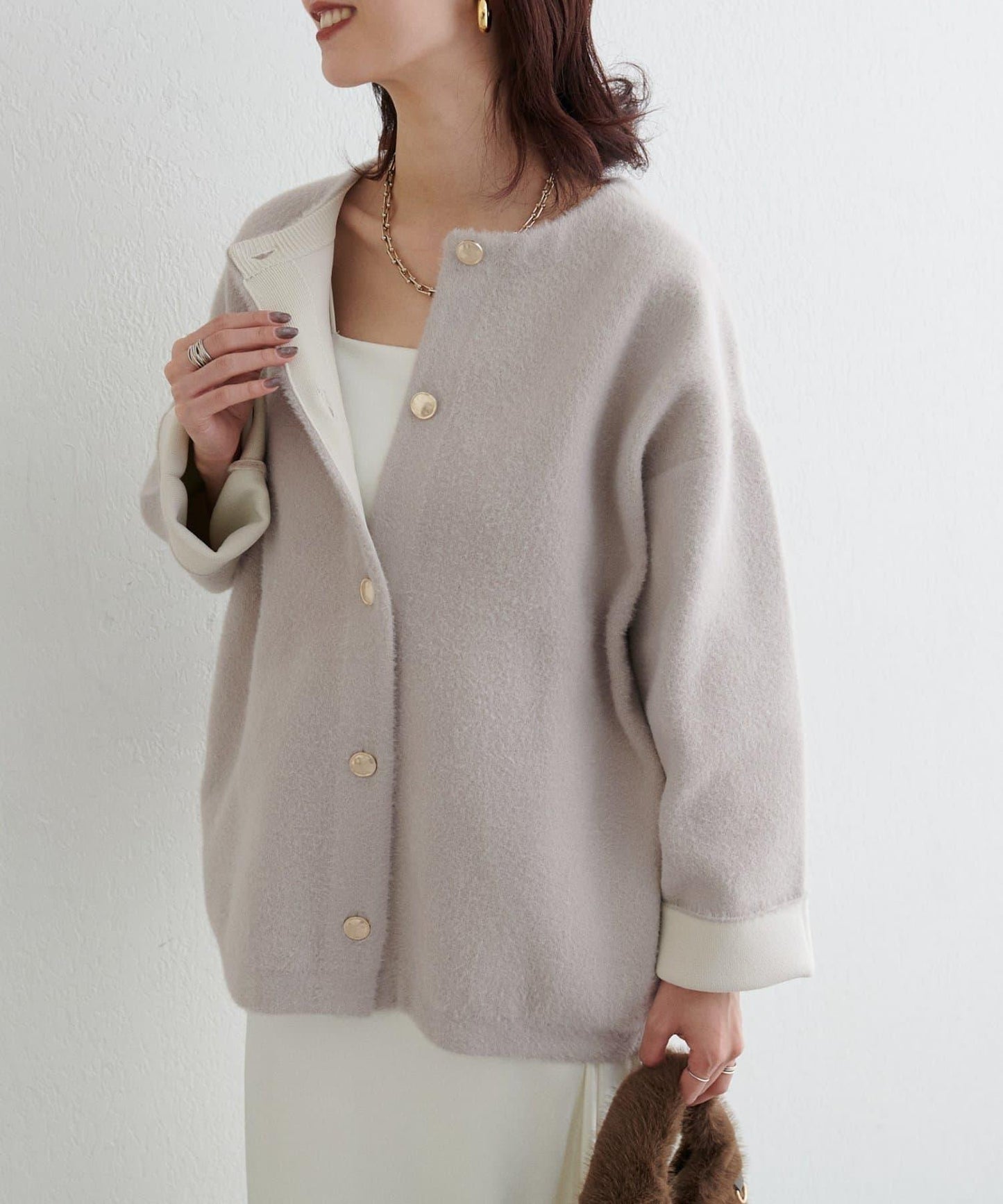 仿貂毛觸感長絨針織開衫