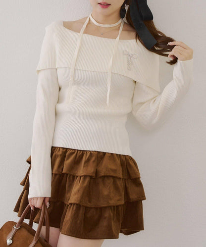 【RMAF】一字肩配胸針針織衫