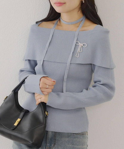 【RMAF】一字肩配胸針針織衫