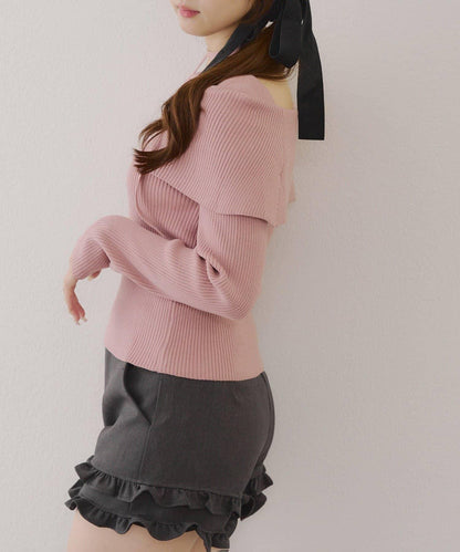 【RMAF】一字肩配胸針針織衫