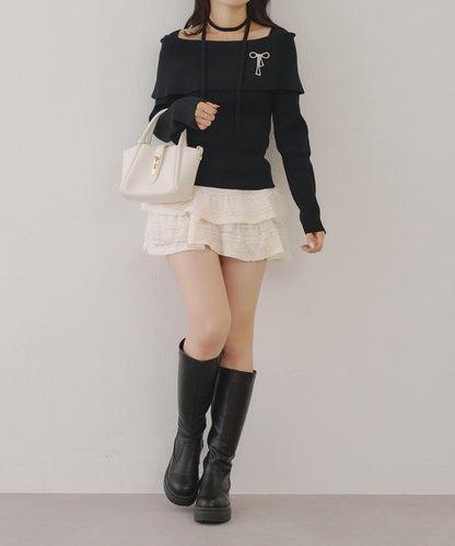 【RMAF】一字肩配胸針針織衫