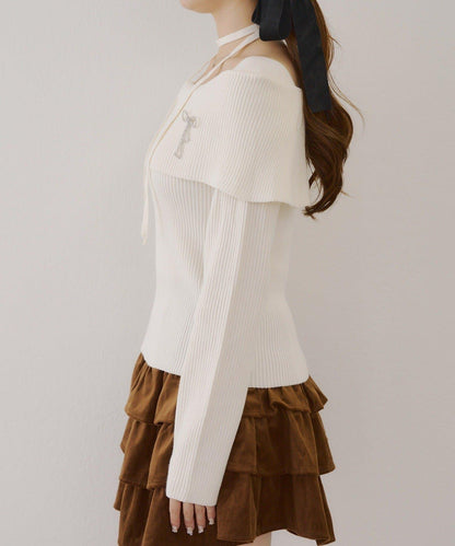 【RMAF】一字肩配胸針針織衫