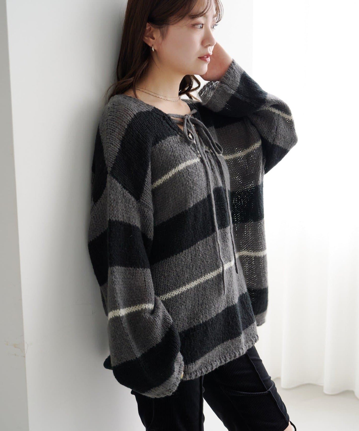 【純色&條紋/前後兩穿】繫帶寬鬆針織衫