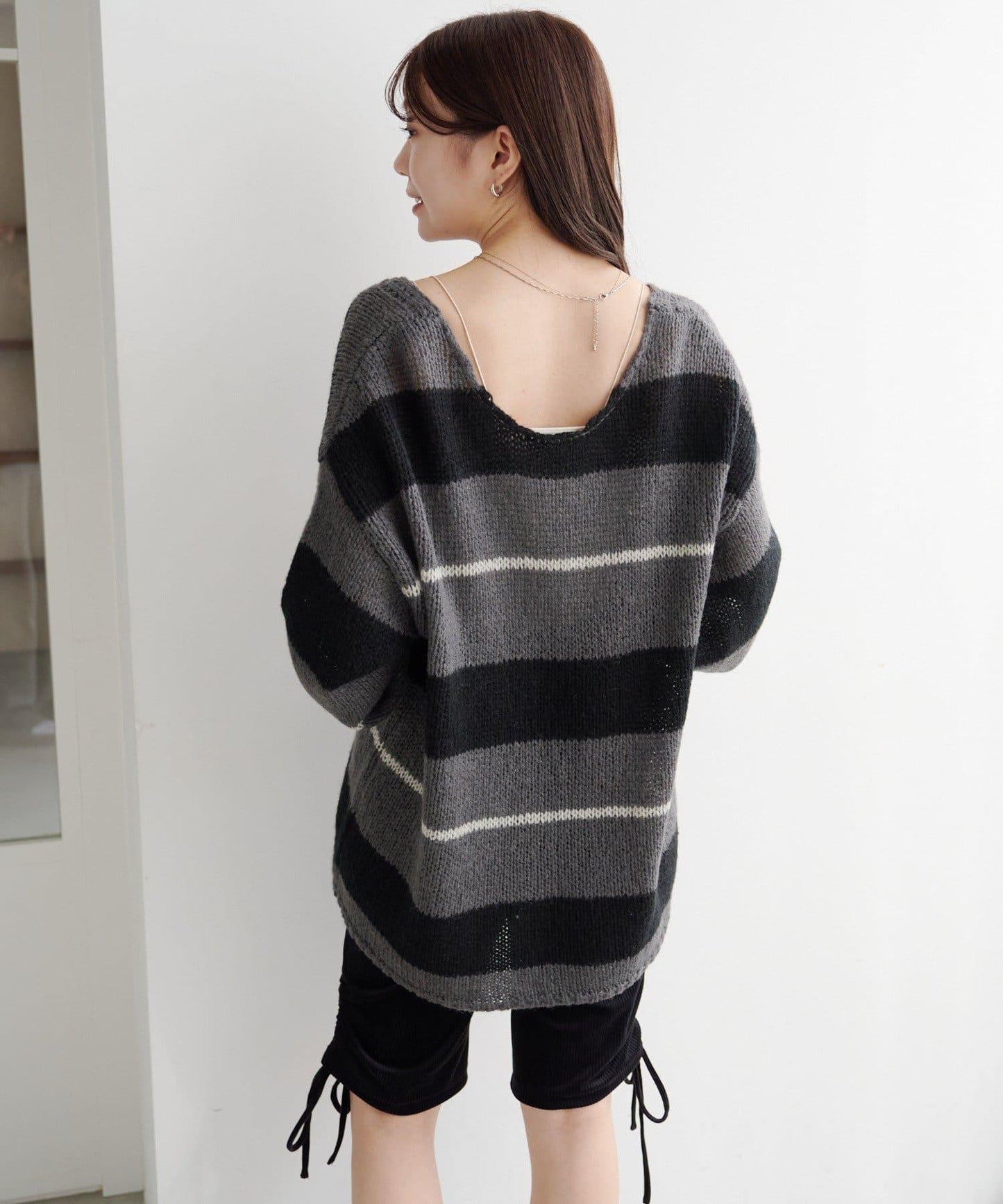 【純色&條紋/前後兩穿】繫帶寬鬆針織衫