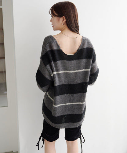 【純色&條紋/前後兩穿】繫帶寬鬆針織衫