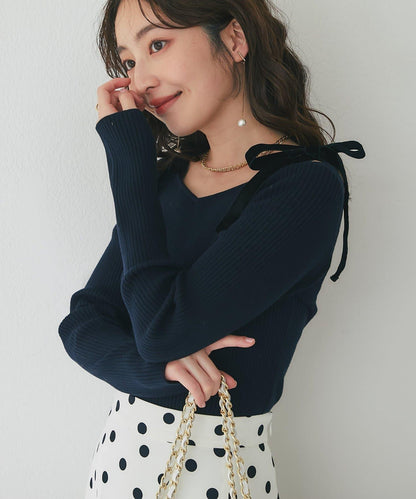 安哥拉觸感蝴蝶結一字肩針織衫