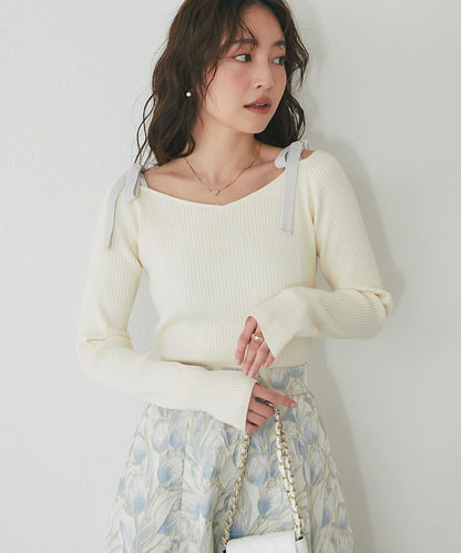 安哥拉觸感蝴蝶結一字肩針織衫