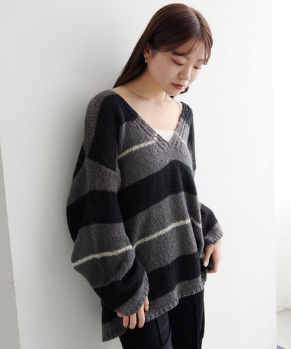 【純色&條紋/前後兩穿】繫帶寬鬆針織衫