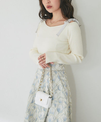 安哥拉觸感蝴蝶結一字肩針織衫