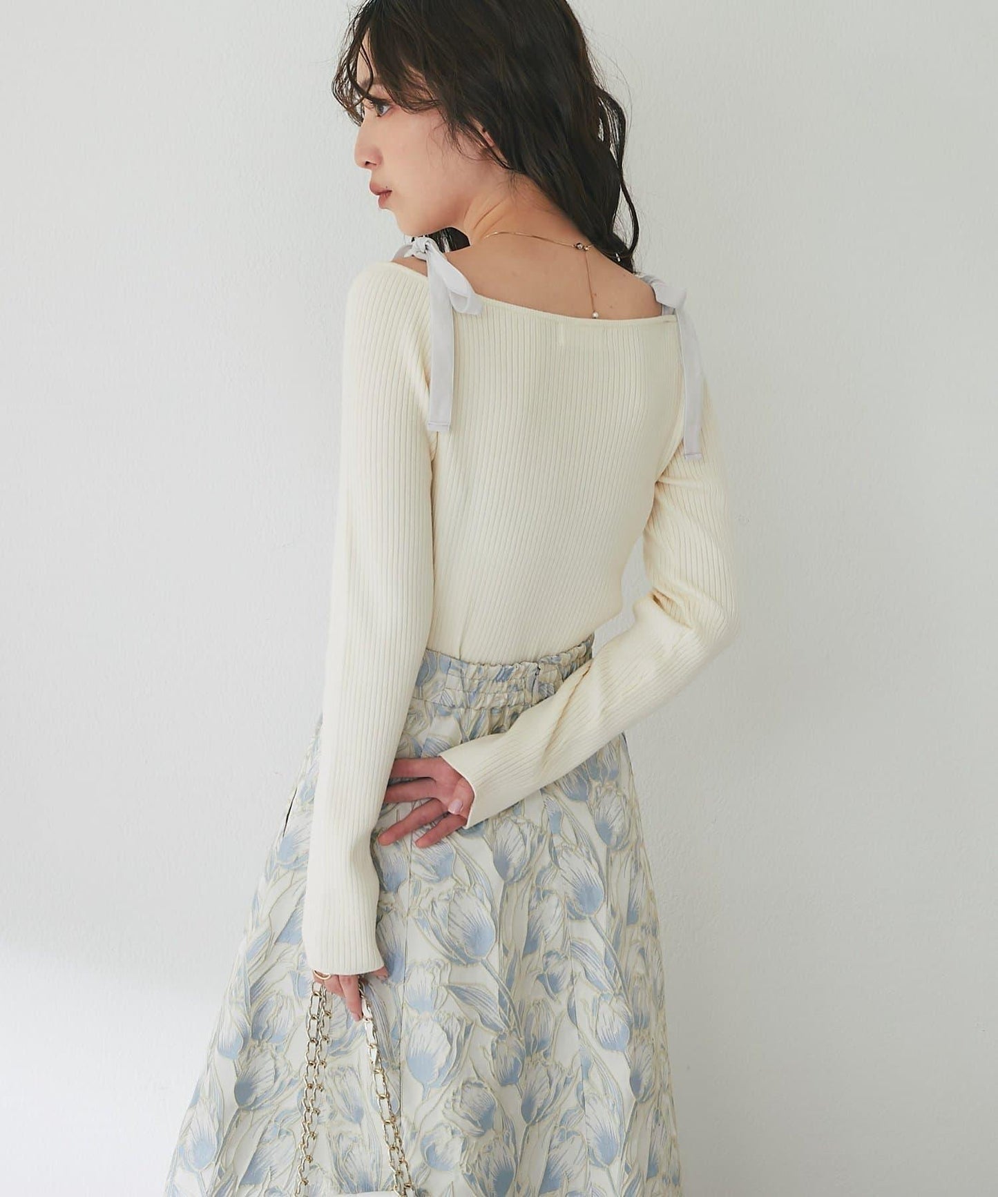 安哥拉觸感蝴蝶結一字肩針織衫