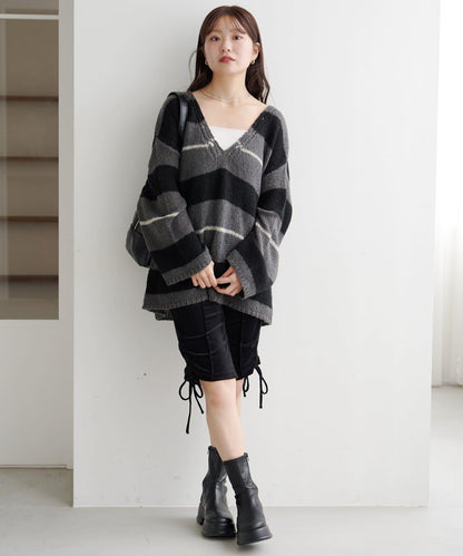 【純色&條紋/前後兩穿】繫帶寬鬆針織衫