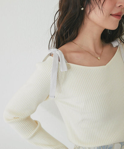 安哥拉觸感蝴蝶結一字肩針織衫