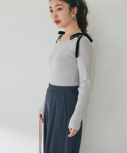 安哥拉觸感蝴蝶結一字肩針織衫