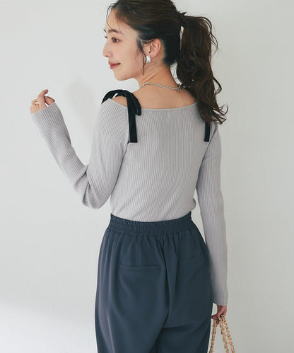 安哥拉觸感蝴蝶結一字肩針織衫